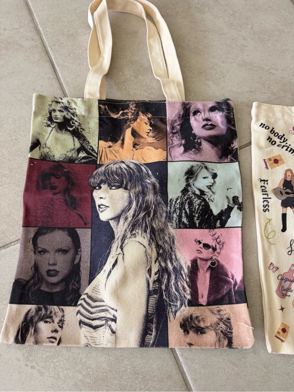 Taylor Swift Multicolor Photo-Grid Canvas Tote with Cream Handles